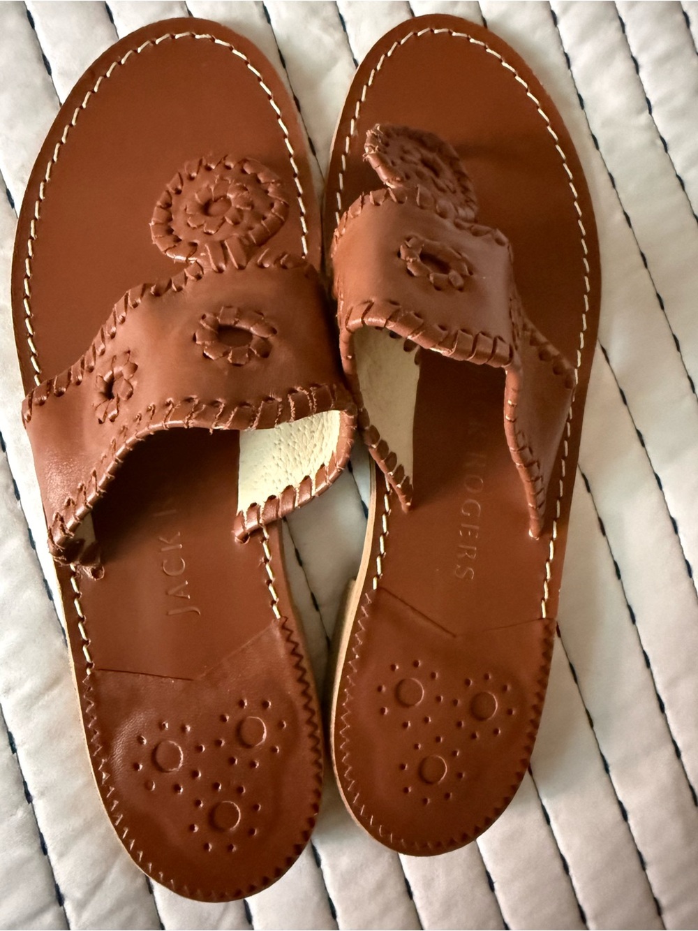 Jack Rogers Tan Leather Whipstitch Slip-On Sandals